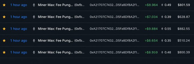 A list of recent transactions or rewards showing multiple entries labeled 'Miner Max: Fee Pung...' with varying USD amounts ranging from $510 to $882, all marked as '1 hour ago'.