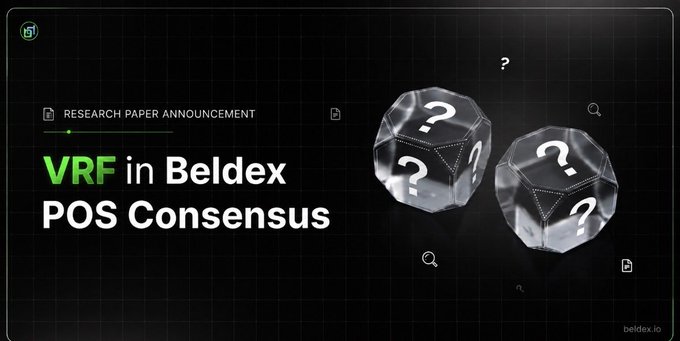 Dark-themed research paper announcement graphic for 'VRF in Beldex POS Consensus' featuring two transparent 20-sided dice with question marks.