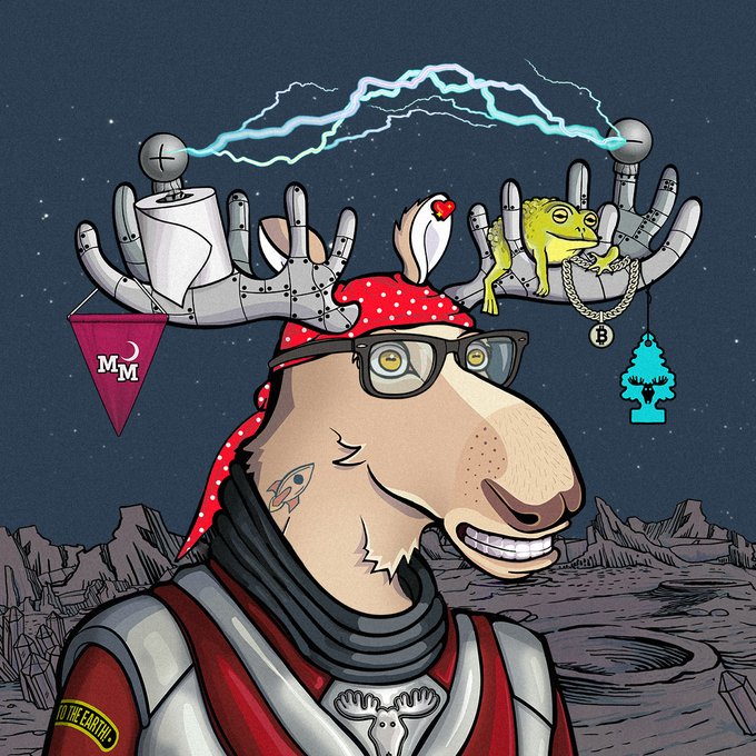 A stylized cartoon space traveler with robot-like companions appears on a lunar landscape under a starry sky and electric arc.