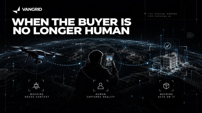 A dark, futuristic graphic displays the text 'WHEN THE BUYER IS NO LONGER HUMAN' next to the 'VANGRID' logo, with a silhouette of a person holding a smartphone and icons for 'MACHINE', 'HUMAN', and 'MACHINE'.