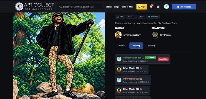 A screenshot of the 'ART COLLECT NFT Marketplace' displaying a pixel-art NFT of a figure in a black coat and leopard pants holding a staff, listed as 'Sly Pixels' on Tezos by 'alylynmcartney' with offers including a 500 ꜩ current offer.