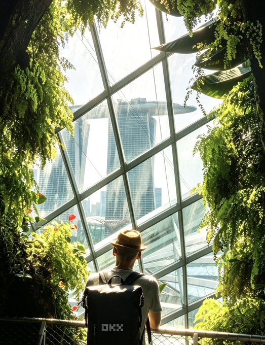A tourist in a wide-brimmed hat and backpack stands inside a lush vertical garden dome, gazing out at the towering futuristic cityscape beyond the geometric glass panels.

The image's blending of organic greenery with sleek high-tech architecture visually echoes the post's theme of moving forward together toward a shared future destination.