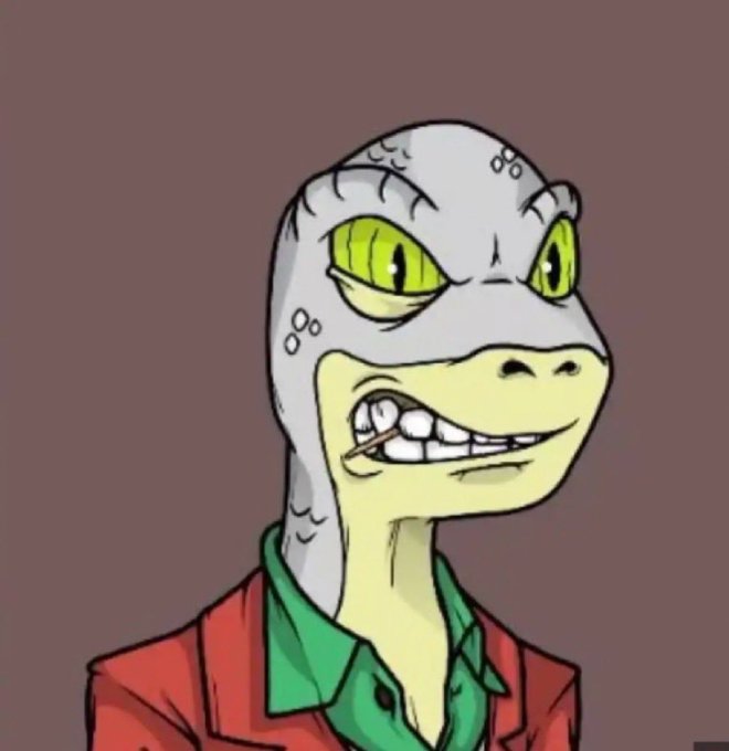The image features an anthropomorphic reptilian character with gray scales, yellow eyes, and a toothy grin, wearing a red blazer over a green shirt—a well-known crypto meme persona. The character's smug, skeptical expression visually captures the post's sarcastic tone about needing a top voice for crypto on Cryptotwitter to grow again.