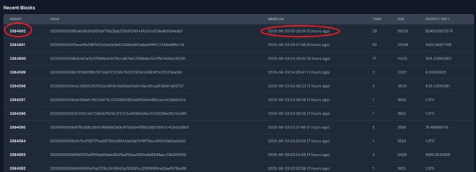 The image shows a computer screen displaying a list of transactions, but with one particular transaction labeled as "Zcash". The transactions are arranged in rows and columns, spanning from top left to bottom right, and occupying most of the display area. The block size is quite small, indicating that there has been no new block production since 05:28 UTC or approximately 5 hours ago.