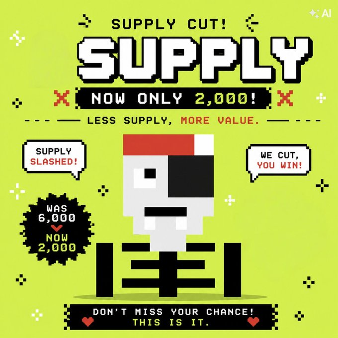 A pixel-art style promotional graphic on a bright green background announcing 'SUPPLY CUT! NOW ONLY 2,000!', featuring a blocky character with 'SUPPLY SLASHED!' and 'WAS 6,000 NOW 2,000' text bubbles.