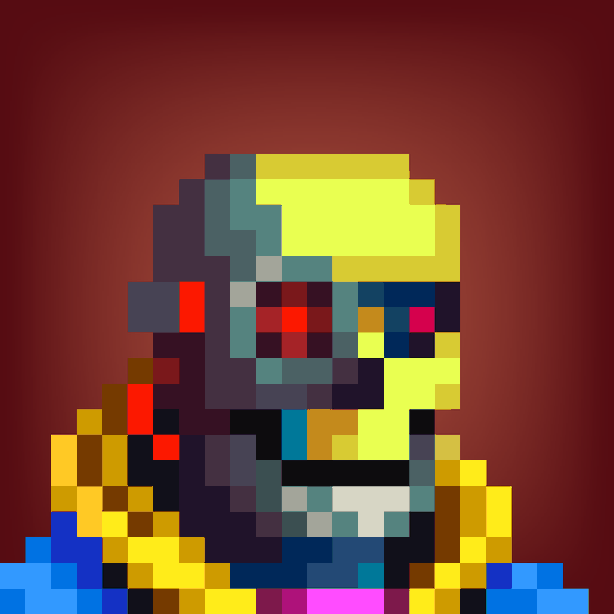 Pixel art image on a red gradient background depicting what appears to be a character in teal, yellow, and dark blue colors, possibly representing Star-Lord from Guardians of the Galaxy.