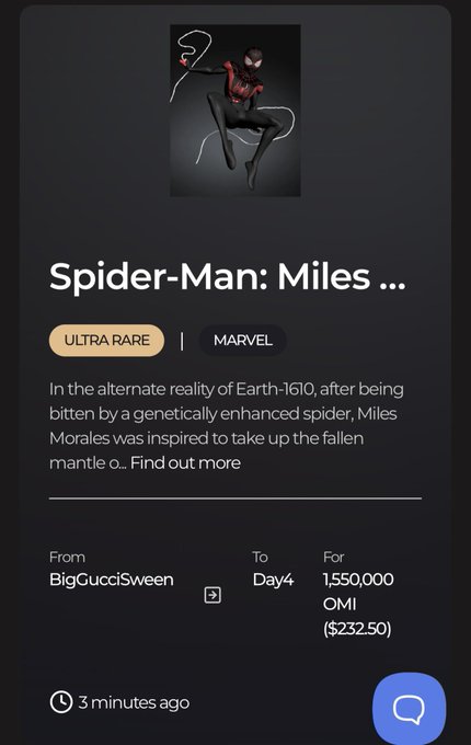 A digital collectible listing from Veve for an "ULTRA RARE" Marvel "Spider-Man: Miles ..." NFT, listed by "BigGucciSween" and sold to "Day4" for 1,550,000 OMI ($232.50), 3 minutes ago—reflecting the user's recent irresistible purchase of the rare Miles Morales digital collectible on the platform.