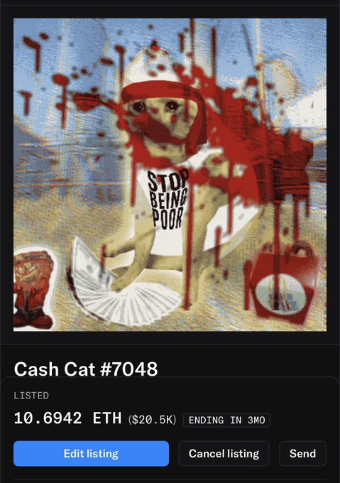 The image shows "Cash Cat #7048" with a listed price of 10.6942 ETH, despite the post claiming it was purchased for only 0.42 ETH. The artwork features a distressed cat wearing a "STOP BEING POOR" shirt, covered in what appears to be blood splatters and holding a fan of money.