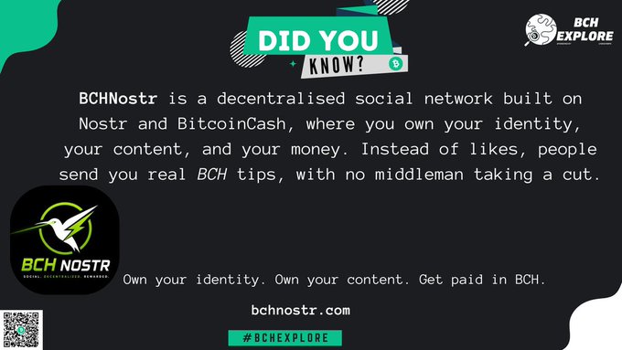 A 'Did You Know?' informational graphic about 'BCHNostr', a decentralized social network built on Nostr and BitcoinCash (BCH) where users own their identity, content, and money, and receive real BCH tips instead of likes.