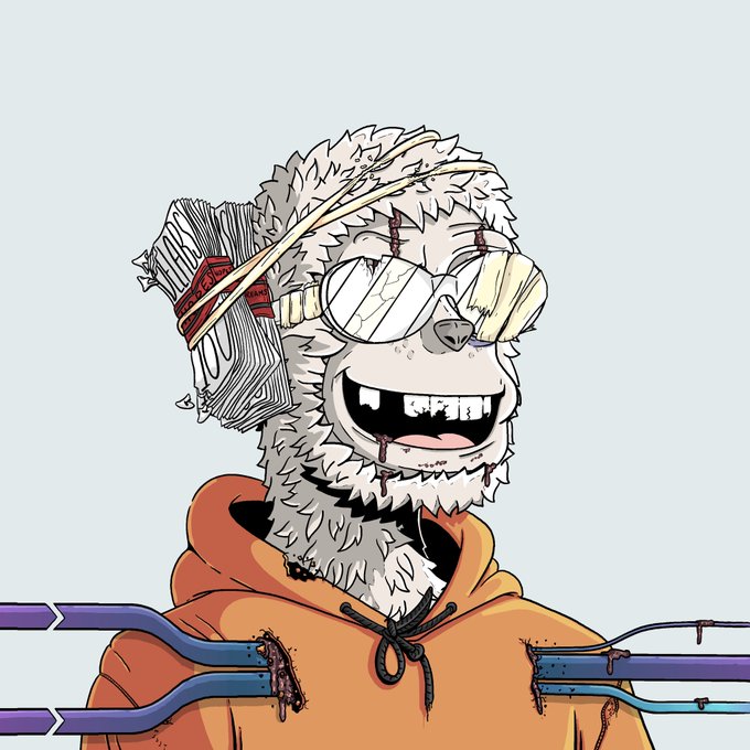 A cartoon zombie llama with bloodshot, fractured sunglasses and a wide stitched grin wears an orange hoodie pierced by metallic cables, fitting the post's "No pulse. No panic. Just Dead" caption and the @dead_y00ts tag, which emphasizes the undead, lifeless yet defiantly alive vibe of the character.