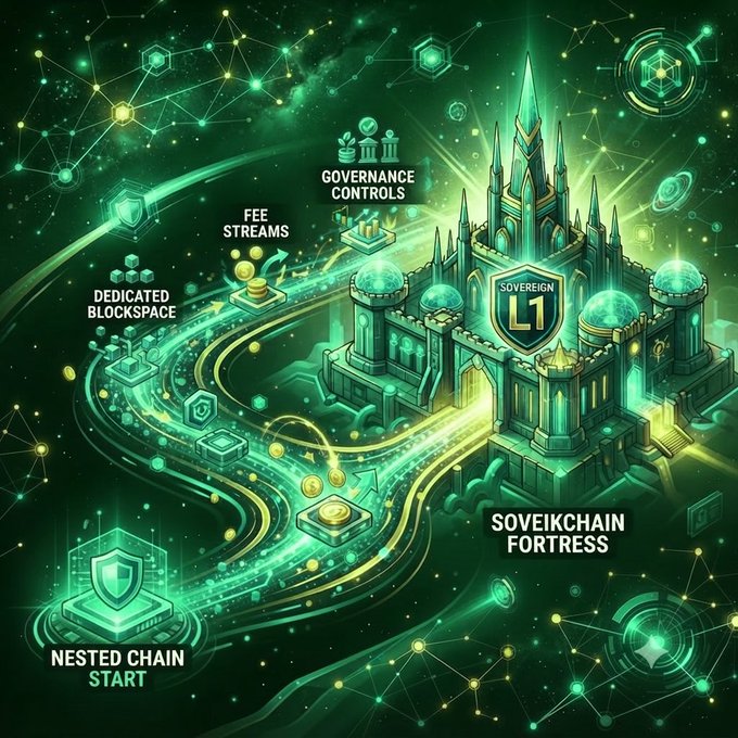 A digital fantasy illustration of a green glowing fortress labeled 'SOVEREIKCHAIN FORTRESS' and 'SOVEREIGN L1,' surrounded by blockchain-themed elements like 'GOVERNANCE CONTROLS,' 'FEE STREAMS,' 'DEDICATED BLOCKSPACE,' and 'NESTED CHAIN START.'