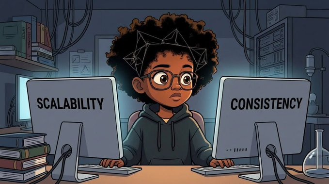An illustrated cartoon of a young person with curly hair and glasses sitting between two computer monitors labeled 'SCALABILITY' and 'CONSISTENCY' in a tech-filled room.