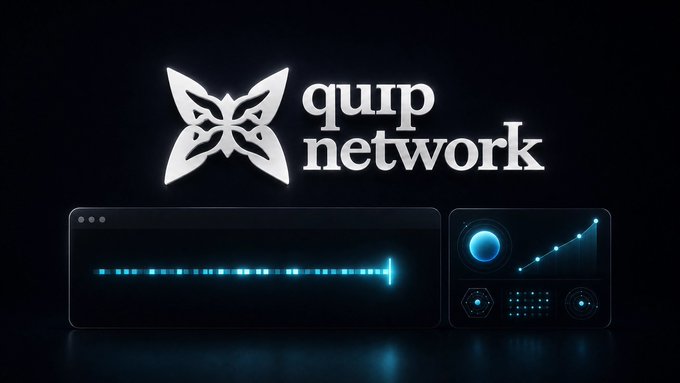 A dark promotional graphic for "qurp network" featuring a stylized butterfly logo and a glowing audio waveform equalizer interface with blue accents.