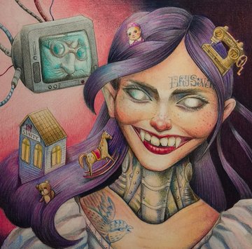 A detailed, surreal illustration of a pale-skinned woman with purple hair, a wide toothy grin, and blank white eyes, surrounded by eclectic floating objects including a vintage TV, a rocking horse, a doll, and a dollhouse.