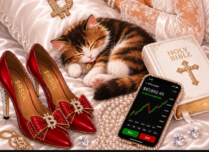 A calico kitten sleeps among red "$RSOL" high heels, a Holy Bible, pearls, and a smartphone displaying a Bitcoin chart at $67,892.45.