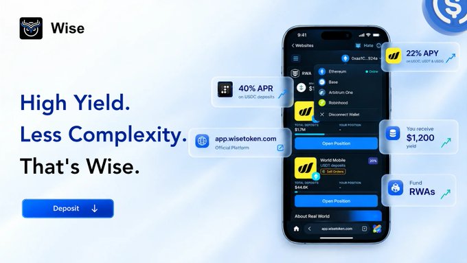 Promotional graphic for the Wise (wisetoken.com) platform advertising 'High Yield. Less Complexity.' with features like 40% APR on USDC and 22% APY on USDO.