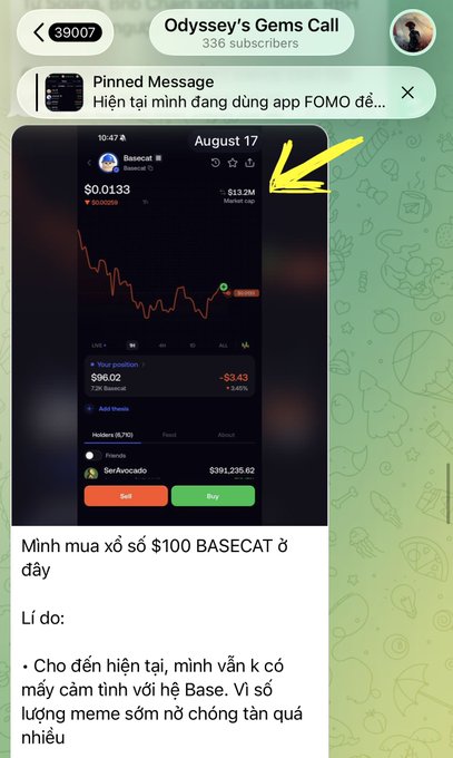 A Telegram channel post from 'Odyssey's Gems Call' (836 subscribers) discussing a $100 BASECAT investment, showing the token at $0.0133 with a $13.2M market cap.