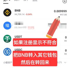 A mobile cryptocurrency wallet interface displays BNB at ¥4,709.14 (-0.04%) with a pencil graphic and Chinese text advising users to transfer BNB to another wallet and back if the registration amount doesn't display correctly.
