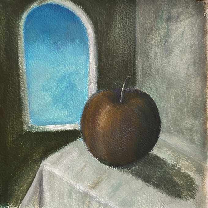 A textured painting depicting a dark red apple sitting on a white tablecloth next to a window with an arched top, showing a bright blue sky outside.