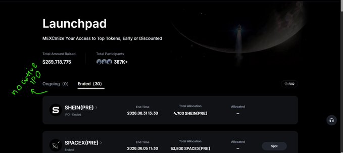 A screenshot of a cryptocurrency Launchpad platform showing $268,718,775 total amount raised and 387K+ participants, listing ended projects like SHEIN(PRE) and SPACEX(PRE), with a green handwritten note reading 'no central IPO' pointing to the page.