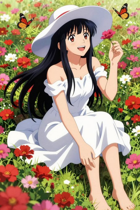 An anime-style illustration shows a young woman with long black hair, wearing a white dress and a white hat, sitting barefoot in a field of red and white flowers while holding a red blossom, with two butterflies nearby.