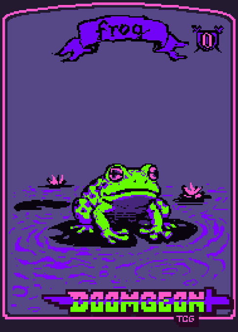 A retro-style pixel art trading card featuring a green frog labeled "frog" sitting in rippling purple water, with "DOOMFROG TCG" displayed at the bottom. The image fits the post's preview of an upcoming collectible token series ("collect them all"), showcasing one frog character from the Doomfrog TCG collection.