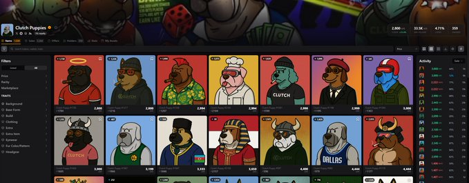 A screenshot of the Clutch Puppies NFT collection on a marketplace, displaying various cartoon dog character listings with prices ranging from approximately 2,600 to 4,446 (likely in ETH or another currency). The interface shows multiple attributes like Background, Body, Clothing, Eyes, and Face, along with activity history and listings, supporting the post's claim about low trading prices and potential future value on platforms like @oswikixyz.