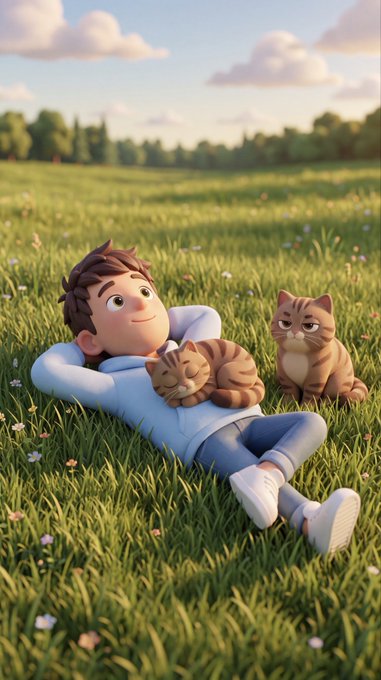 A 3D-rendered illustration of a smiling boy with brown hair lying in a grassy field with two cats beside him under a blue sky with clouds.