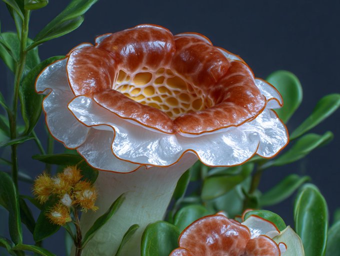 A close-up of a ceramic or porcelain flower-shaped object, possibly a vase or sculpture, featuring a brown and white ruffled design with a honeycomb pattern inside, surrounded by green leaves.