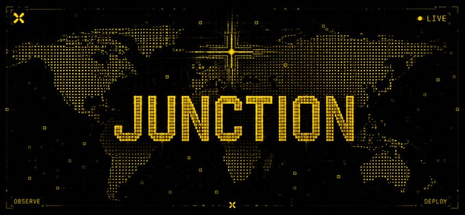 A dark digital graphic with a pixelated world map background displaying 'JUNCTION' in large yellow text, with 'LIVE' indicator and 'OBSERVE'/'DEPLOY' labels in the corners.