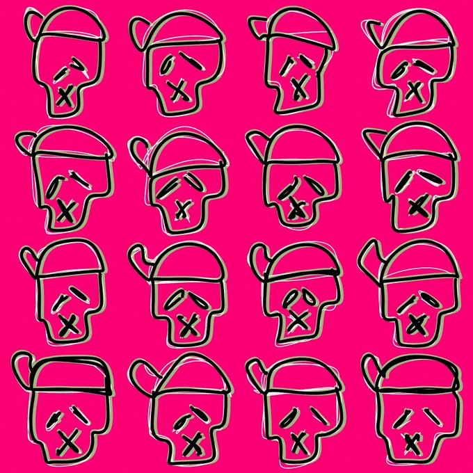 A pink background with a grid of 16 hand-drawn black skull icons wearing caps.