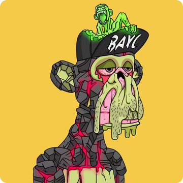 A cartoon illustration of a zombie-like character wearing a black cap labeled "BAYC" with a small green creature perched on top, set against a yellow background.