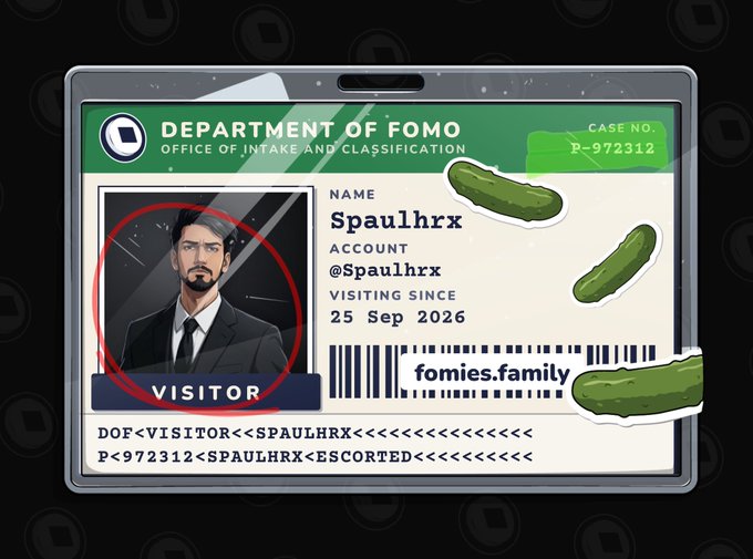 A digital illustration of a 'Department of FOMO' visitor ID badge for 'Spaulhrx' featuring an anime-style male character, decorated with cartoon pickles and the URL 'fomies.family'.