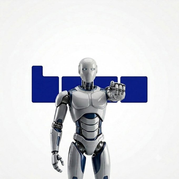 A sleek silver robotic figure with glowing white eyes stands in front of a blue 'LINK' logo on a white background, pointing toward the viewer.