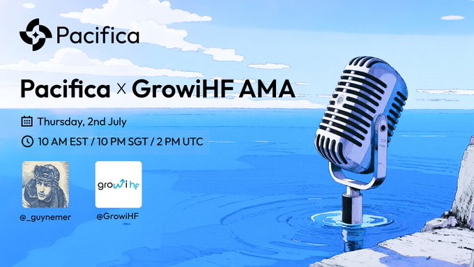 A promotional graphic announces a "Pacifica × GrowiHF AMA" scheduled for Thursday, 2nd July at 10 AM EST / 10 PM SGT / 2 PM UTC, featuring hosts @_guynemer and @GrowiHF, illustrated with a vintage microphone rising from a stylized blue seascape.