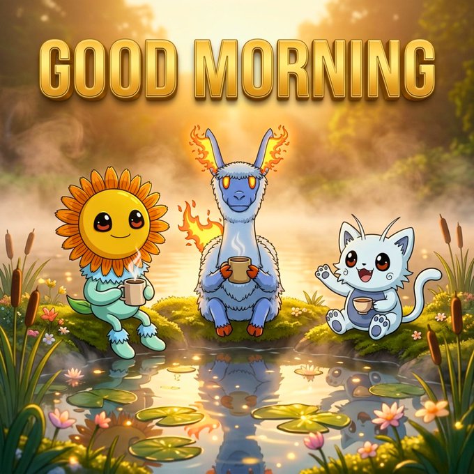 A cute cartoon 'GOOD MORNING' illustration showing a sunflower, a blue llama, and a white cat sitting by a pond holding coffee mugs.