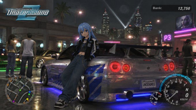 A screenshot from the video game Need for Speed: Underground 2 showing a blue-haired female character leaning against a customized silver Nissan Skyline at night, with a minimap, speedometer, and bank balance of 12,750 visible.
