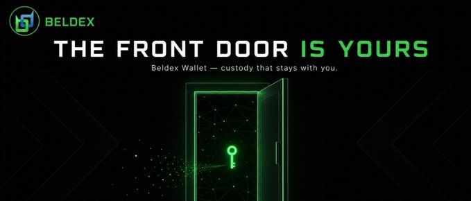 Promotional banner for Beldex Wallet with the tagline 'THE FRONT DOOR IS YOURS' and 'Beldex Wallet — custody that stays with you,' featuring a stylized door with a keyhole graphic.