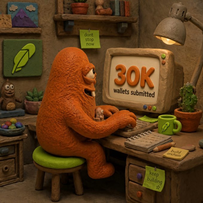 A claymation-style illustration of an orange creature sitting at a desk using an old computer showing '30K wallets submitted', surrounded by sticky notes reading 'dont stop now', 'build onchain', and 'keep building'.