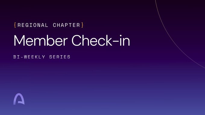 A purple gradient graphic with text reading '{REGIONAL CHAPTER} Member Check-in BI-WEEKLY SERIES' featuring a logo in the bottom left corner.