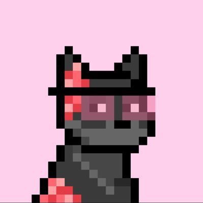 A pixel art illustration of a gray cat character with glowing pink eyes, wearing a small crown, set against a light pink background.