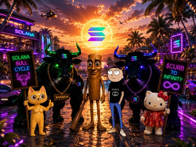 A vibrant Solana-themed crypto scene at sunset featuring two large neon bulls flanking anthropomorphic characters and mascots (including a Hello Kitty figure and a cat), with glowing signs reading "SOLANA BULL CYCLE" and "$CURB TO INFINITY" alongside the Solana logo in the sky—perfectly tying together the bullish $SOL, $ANSEM, $CURB, $KITTY, $TripleT, and $MORTY ticker shoutout.