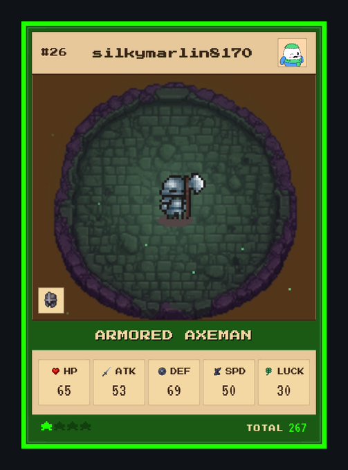 A pixel-art trading card displaying 'ARMORED AXEMAN' from user 'silkymarlin8170' (#26) with stats HP 65, ATK 53, DEF 69, SPD 50, LUCK 30, totaling 267.