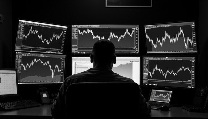 A black-and-white image of a person from behind, seated in front of multiple monitors displaying various financial trading charts and graphs.