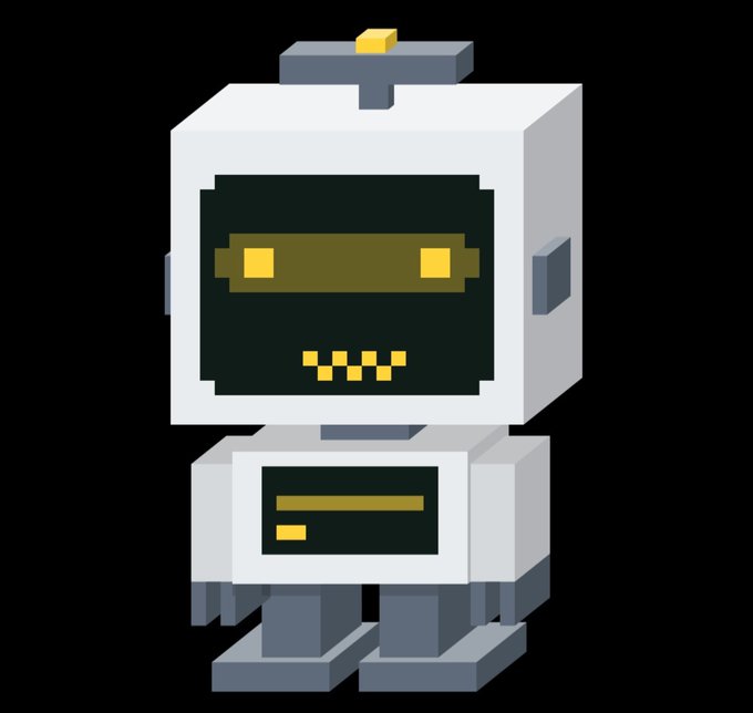 A pixel art illustration of a small white blocky robot with a dark screen face showing yellow pixel eyes and mouth, with a small yellow antenna on top.
