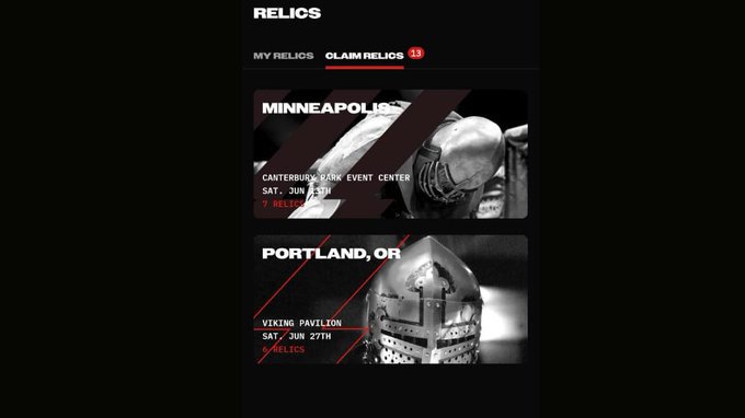 A mobile app screen for 'RELICS' showing a 'CLAIM RELICS (11)' tab with event listings for a Minneapolis show at Canterbury Park Event Center on June 28th and a Portland, OR show at Viking Pavilion on June 27th.