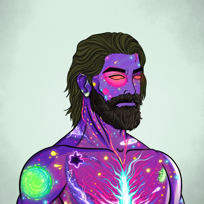 An illustrated portrait of a bearded man with glowing purple, cosmic-patterned skin featuring glowing veins, planets, and stars across his body and face.