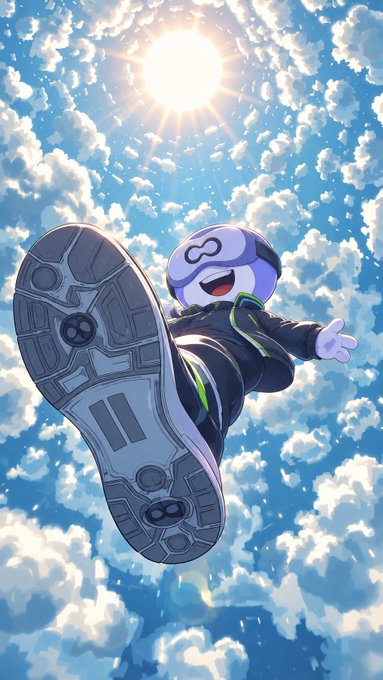 Anime-style illustration of a blue-faced character in a black and green outfit leaping through a bright, cloudy sky with the sun shining overhead.