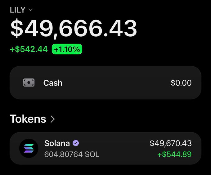 A crypto portfolio screenshot showing a wallet named "LILY" with a balance of $49,666.43, holding 604.80764 Solana (SOL) worth $49,670.43 with a daily gain of +$542.44 (+1.10%). The image appears to be used as "proof" to promote a supposed Solana airdrop giveaway, a common scam tactic where scammers fabricate wallet screenshots to lure victims into sharing their wallet addresses.