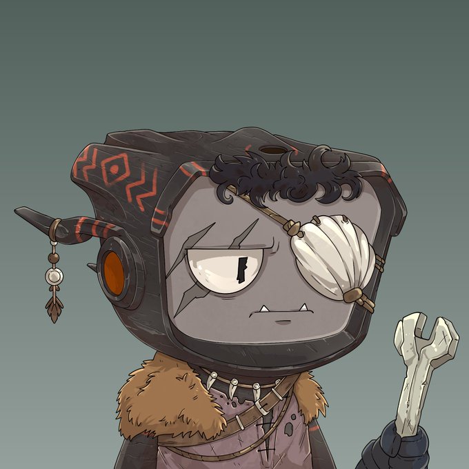 A cartoonish character with a TV-shaped head, red tribal markings, an eye patch, and a horned accessory holds a wrench, wearing fur-trimmed armor, representing a "Blokyz" NFT collectible being promoted as a weekend shopping purchase with clean, appealing artwork.
